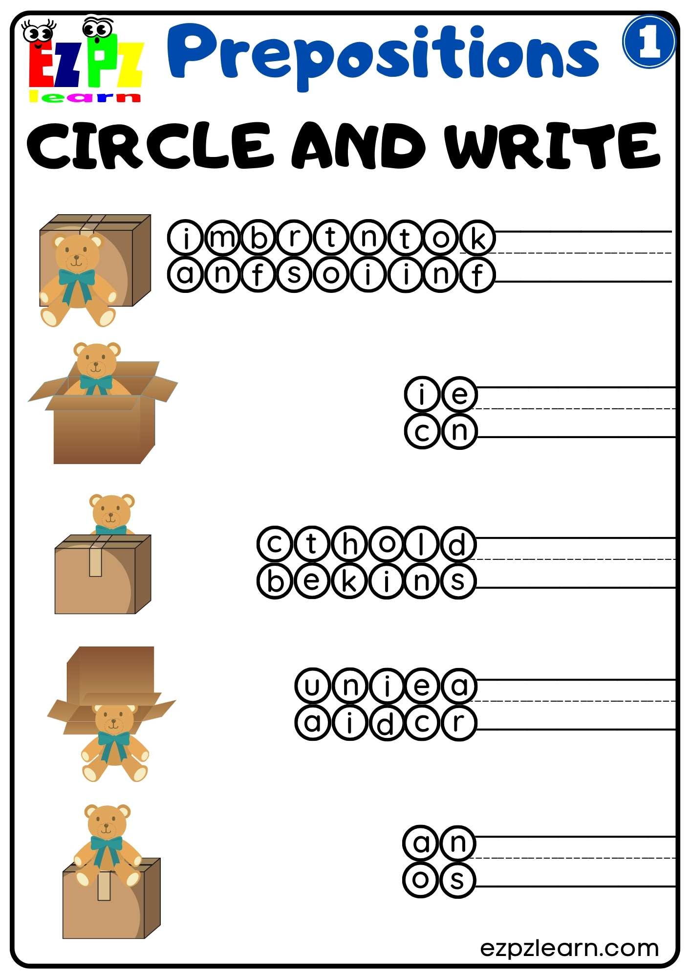 Prepositions of Place Circle and Write Worksheet for Kindergarten K5 and ESL Students G1